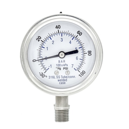 Pic Gauges 2 1/2 in Dial, 1/4 in NPT Male Lower Location, Stainless Steel Case Material PRO-301D-254CE-01